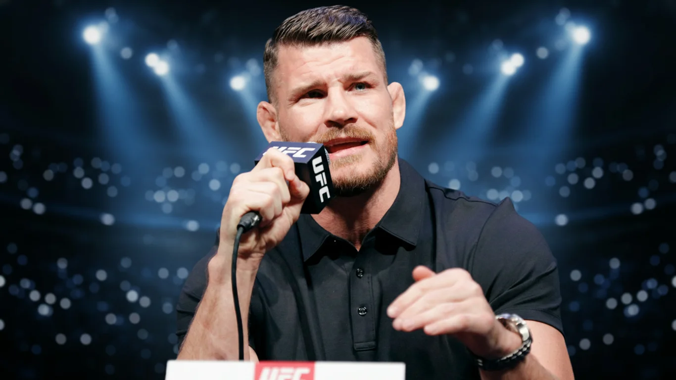 Mężczyzna trzyma mikrofon z logo UFC, mówijąc na konferencji prasowej. W tle widoczne są reflektory i rozmazane światła sceniczne.