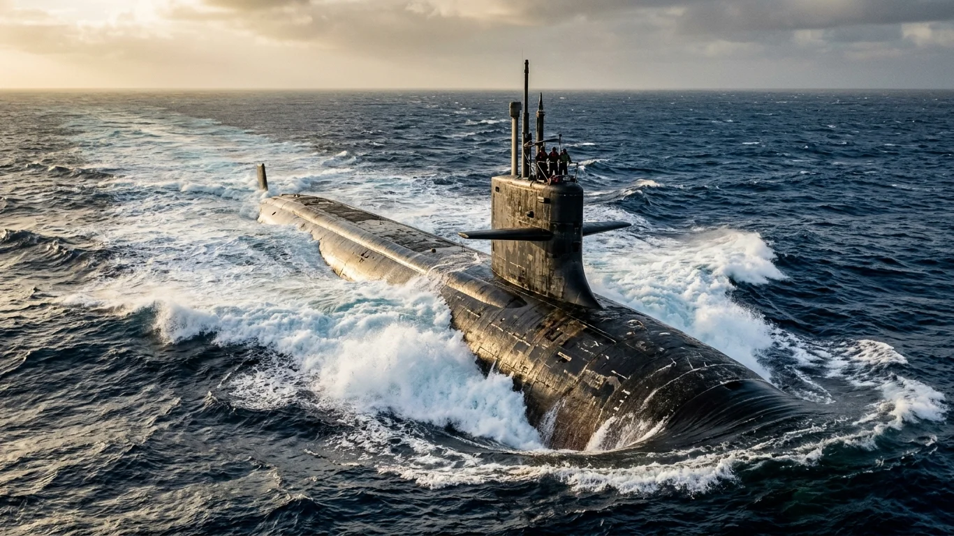 Łódź podwodna płynie przez wzburzone morze, przecinając fale. Na pokładzie stoi grupa ludzi. W tle rozciąga się rozległe, burzliwe morze oraz zachmurzone niebo.