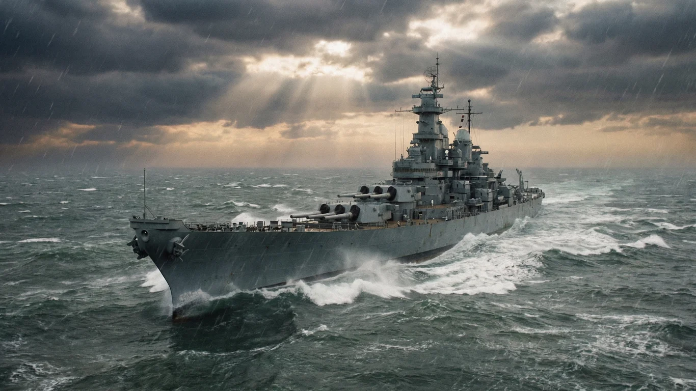 Okręt płynie przez wzburzone morze podczas deszczu. Na niebie widoczne są ciężkie, ciemne chmury, z których przebijają się promienie słońca, tworząc dramatyczny nastrój.