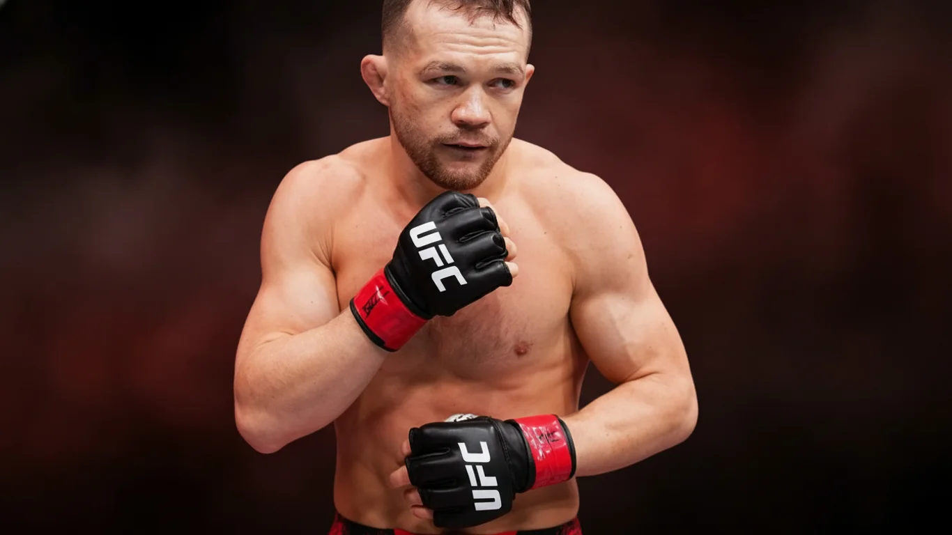 Zawodnik w czarnych rękawicach z logo „UFC” przyjmuje bojową postawę, ręce zaciśnięte. Tło jest ciemne, niewyraźne, co podkreśla sylwetkę mężczyzny.