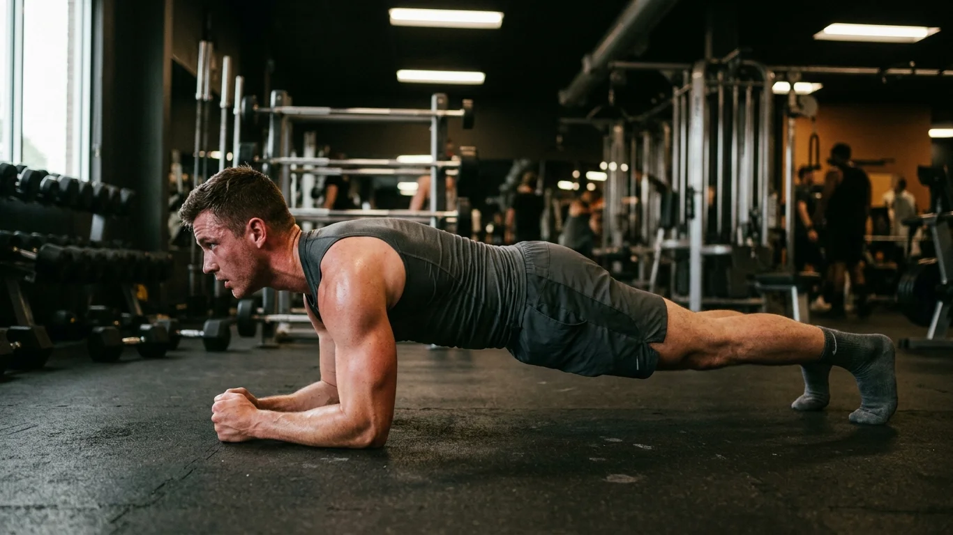 Mężczyzna ćwiczy w pozycji deski w siłowni, leżąc na przedramionach. W tle widoczne są sprzęty treningowe i inny ćwiczący.
