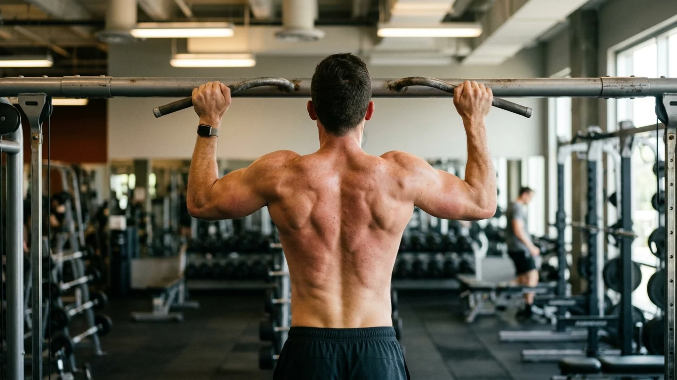 Mężczyzna podciąga się na drążku w siłowni, prezentując umięśnione plecy. W tle widać sprzęt do ćwiczeń i inną osobę zajmującą się treningiem.