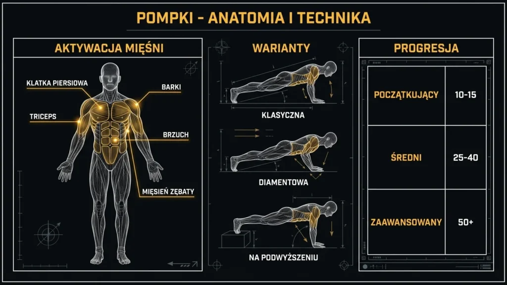 Infografika pompki - anatomia aktywowanych mięśni, warianty i normy powtórzeń