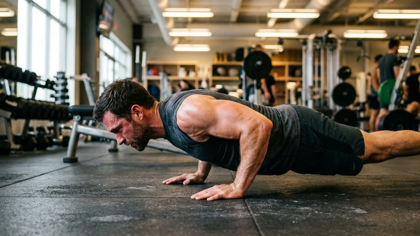 Mężczyzna wykonuje pompki w siłowni. Ma na sobie ciemnoszary strój sportowy. W tle widać sprzęt do ćwiczeń oraz innych ludzi ćwiczących na siłowni.
