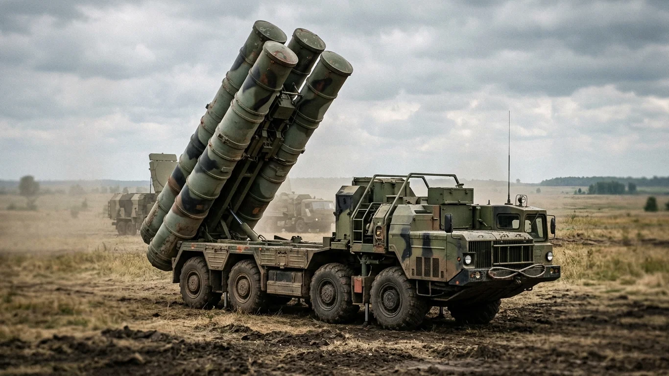 Pojazd wojskowy z zamontowanym systemem rakietowym stoi na otwartym polu. W tle widoczna jest pochmurna, szara pogoda i płaski krajobraz.