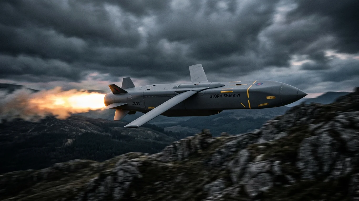 Pocisk oznaczony jako "Storm Shadow" leci nad górzystym terenem przy pochmurnym niebie, emitując płomień z tylnej części obudowy.