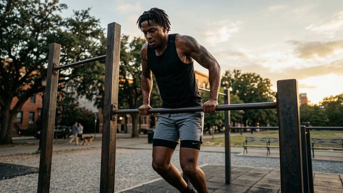 Mężczyzna wykonuje ćwiczenia na poręczach w parku. Ma na sobie czarną koszulkę i szare spodenki. W tle widać drzewa, budynki i zachód słońca.