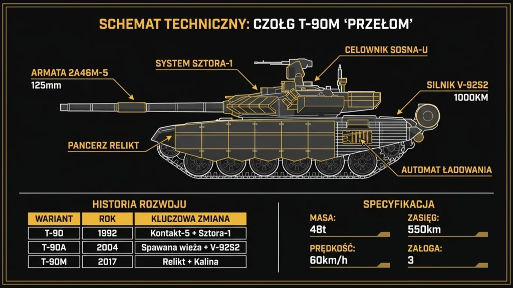 Infografika T-90M Przełom – schemat techniczny, warianty i specyfikacja