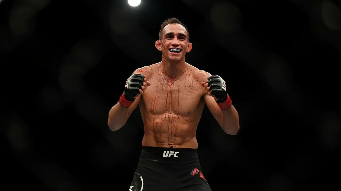 Zawodnik MMA z krwią na ciele unosi zaciśnięte pięści. Ma ochraniacz na zębach i rękawice. Na spodenkach napis „UFC”. Tło ciemne, oświetlone punktowo.