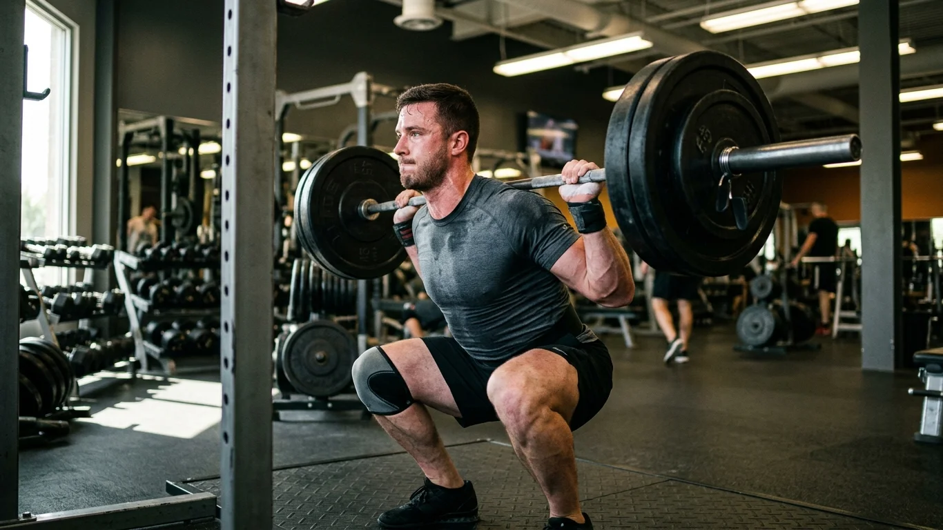Mężczyzna wykonuje przysiady ze sztangą w siłowni, otoczony sprzętem do ćwiczeń. Jest skoncentrowany, widać intensywne zaangażowanie w fizyczny wysiłek.