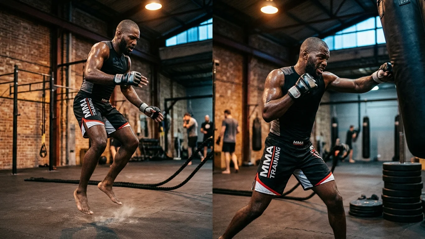 Mężczyzna trenuje w siłowni, wykonując skok i uderzenie w worek treningowy. Ma na sobie strój z napisem "MMA TRAINING". W tle ceglane ściany i inni trenujący.