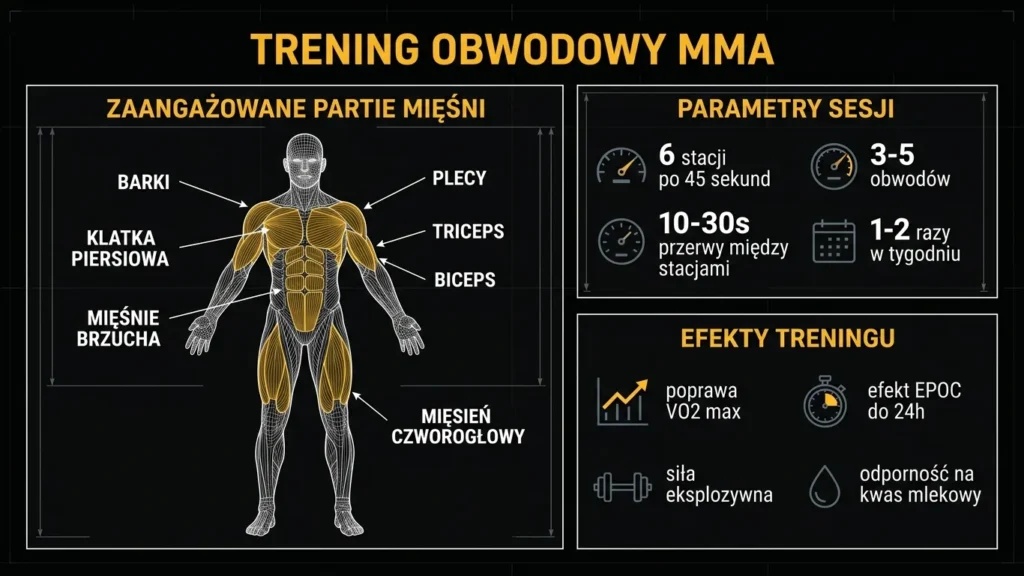 Infografika: Trening obwodowy MMA – zaangażowane partie mięśni, parametry sesji i efekty treningu