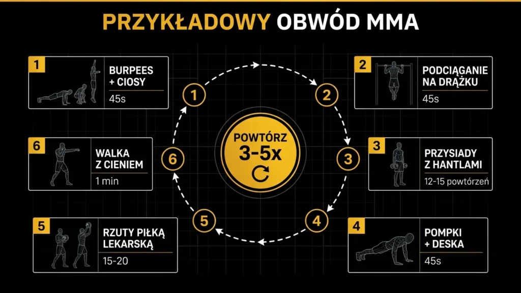 Infografika: Przykładowy obwód MMA – 6 stacji treningowych w układzie circuit training