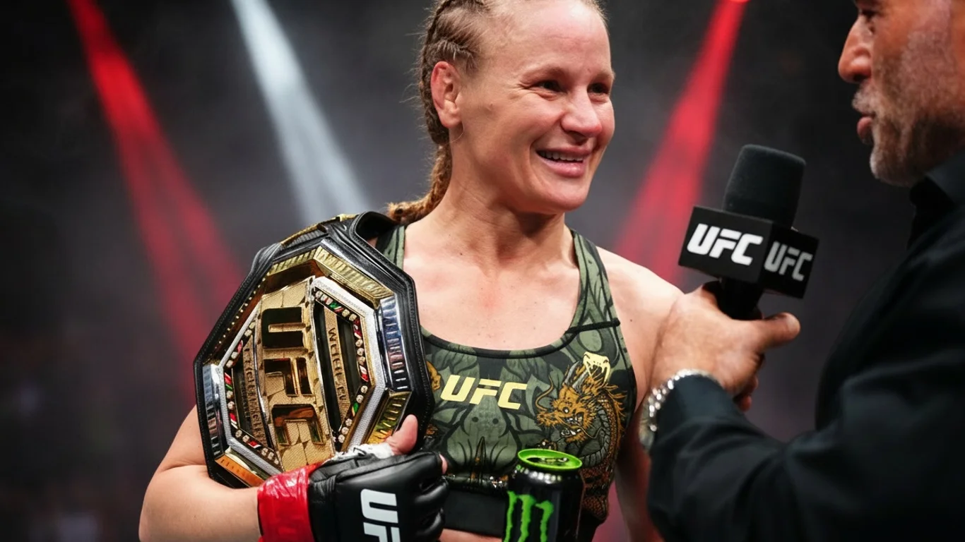 Kobieta trzyma pas mistrzowski UFC, rozmawiając z osobą z mikrofonem z logo UFC. Jest uśmiechnięta, tło jest rozmyte z czerwonymi reflektorami.