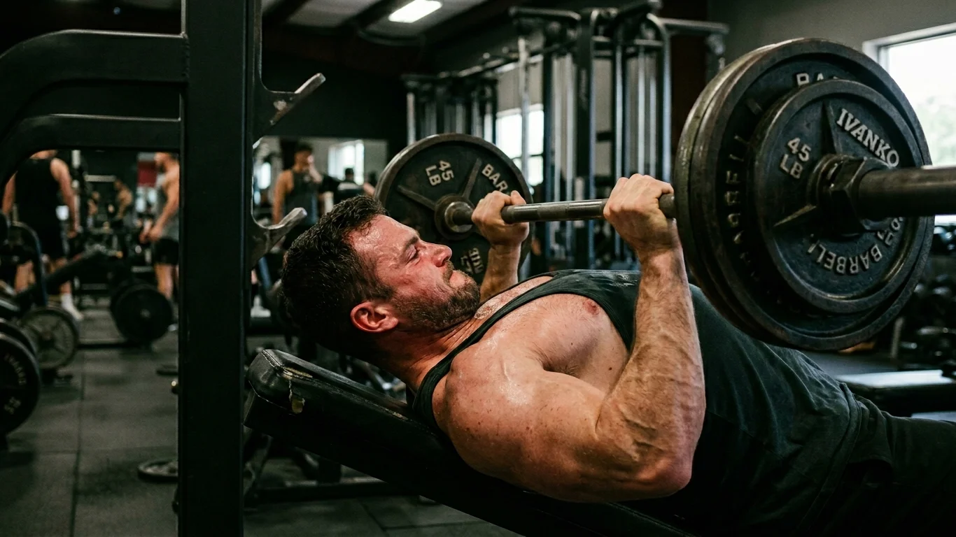 Mężczyzna wyciska sztangę leżąc na ławce skośnej. Na ciężarze widoczny napis: "IVANKO 45 LB BAREBEL". W tle inne osoby ćwiczące na siłowni.