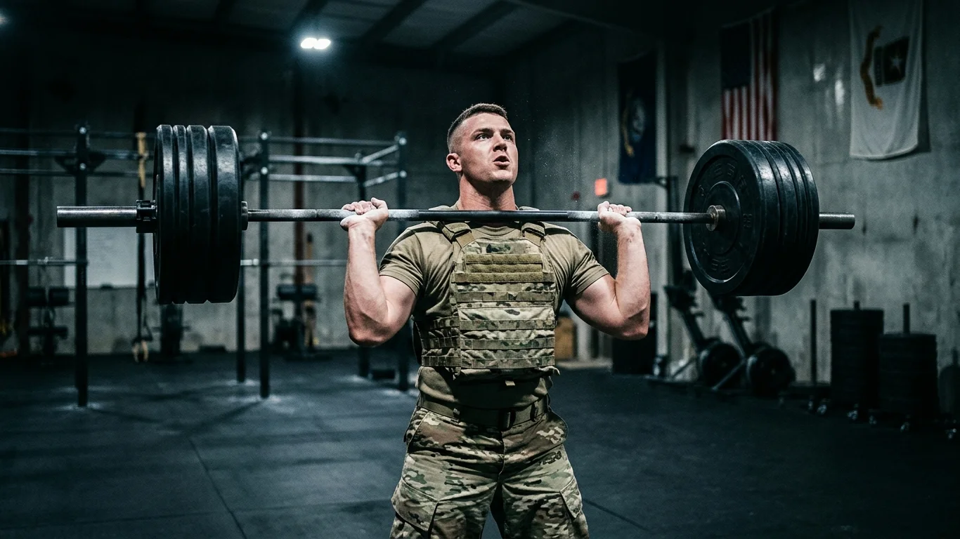 Mężczyzna w wojskowym stroju podnosi ciężką sztangę nad głową na siłowni. W tle widoczne są sprzęty treningowe i flagi na ścianach.