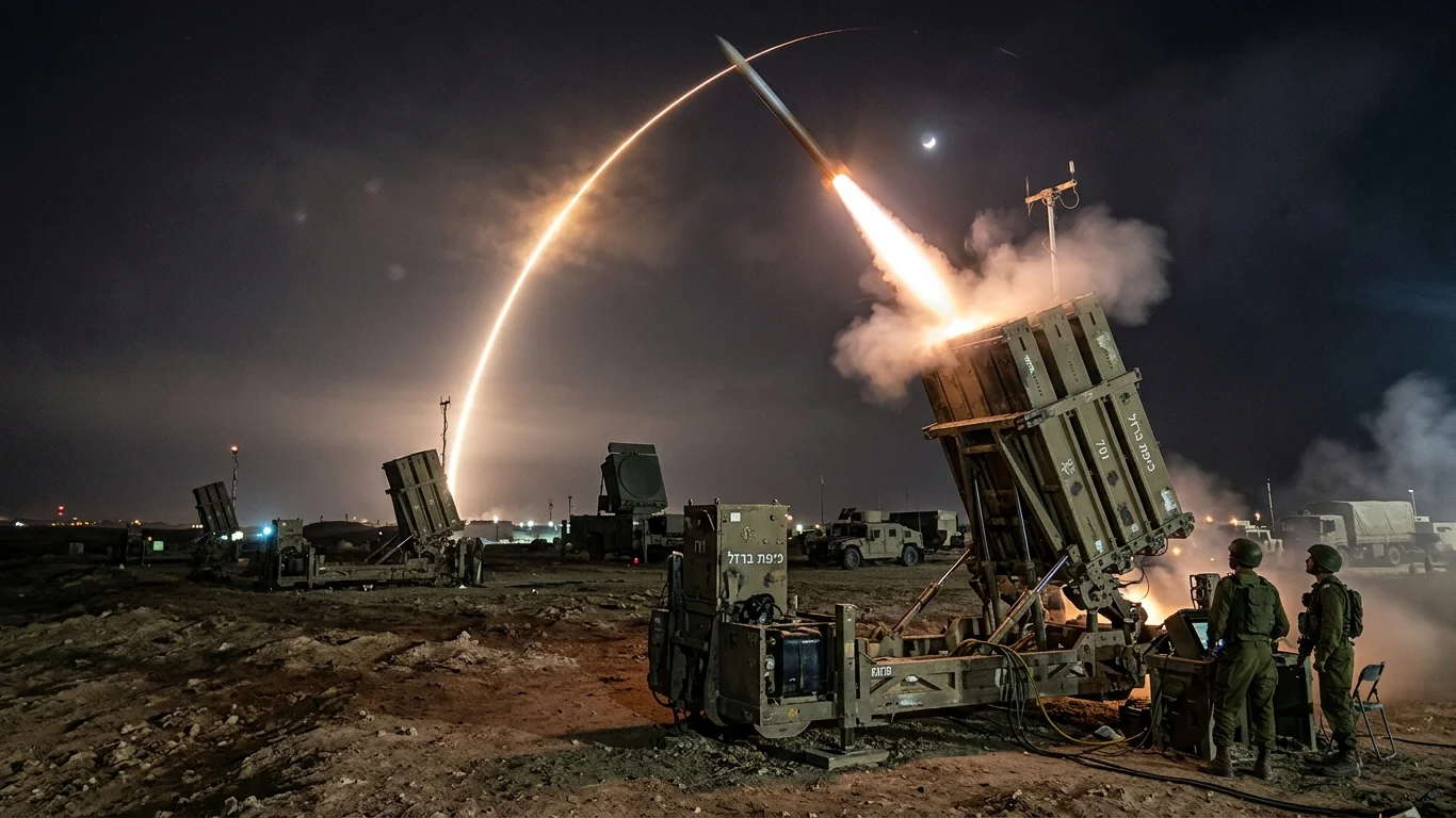 System obronny wystrzeliwuje rakietę w nocy, tworząc świetlisty łuk na niebie. W tle widoczne są wojskowe pojazdy i żołnierze obserwujący operację.