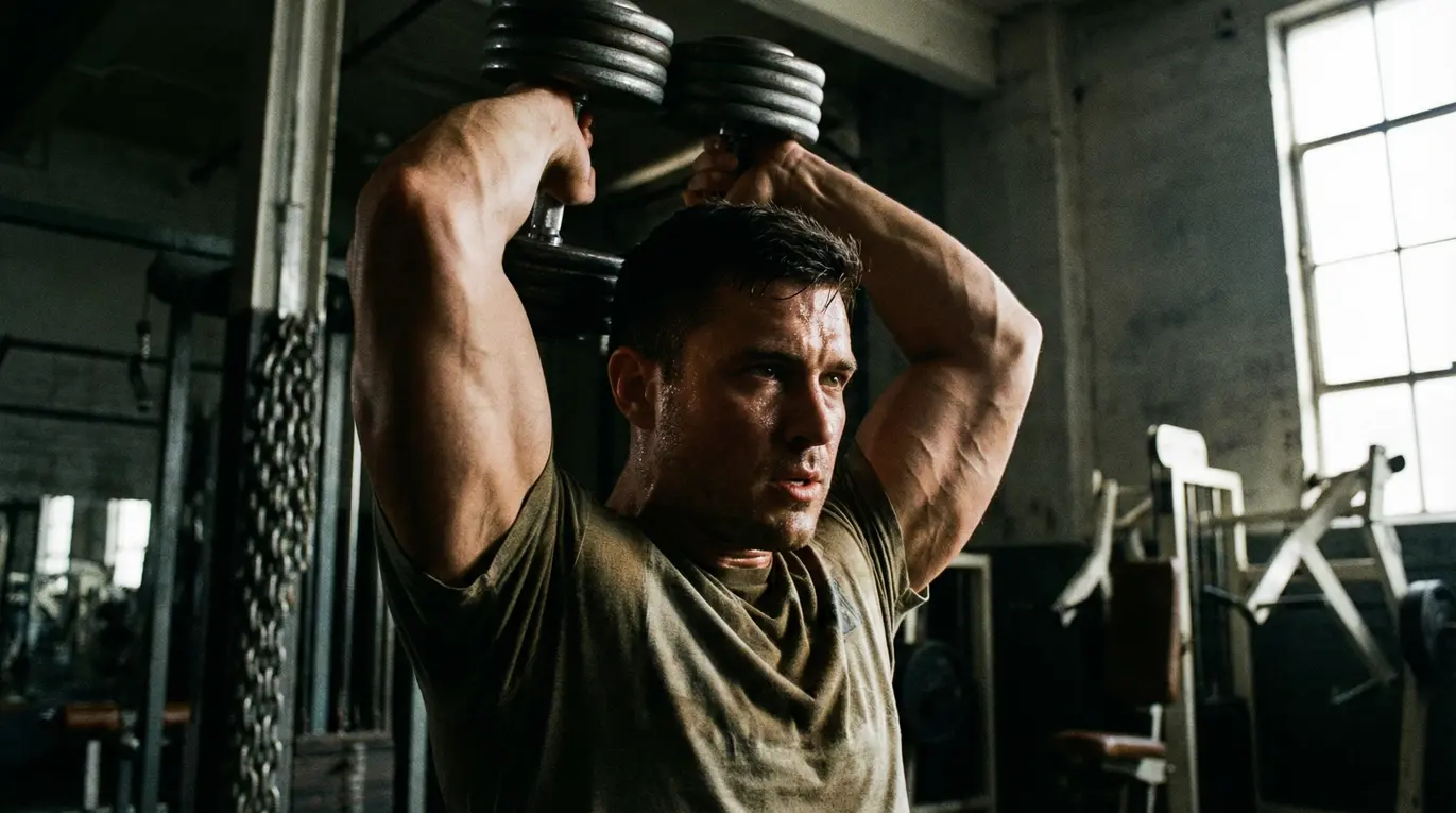 Zdjęcie atlety podczas wykonywania ćwiczeń na triceps z wolnymi ciężarami na siłowni.