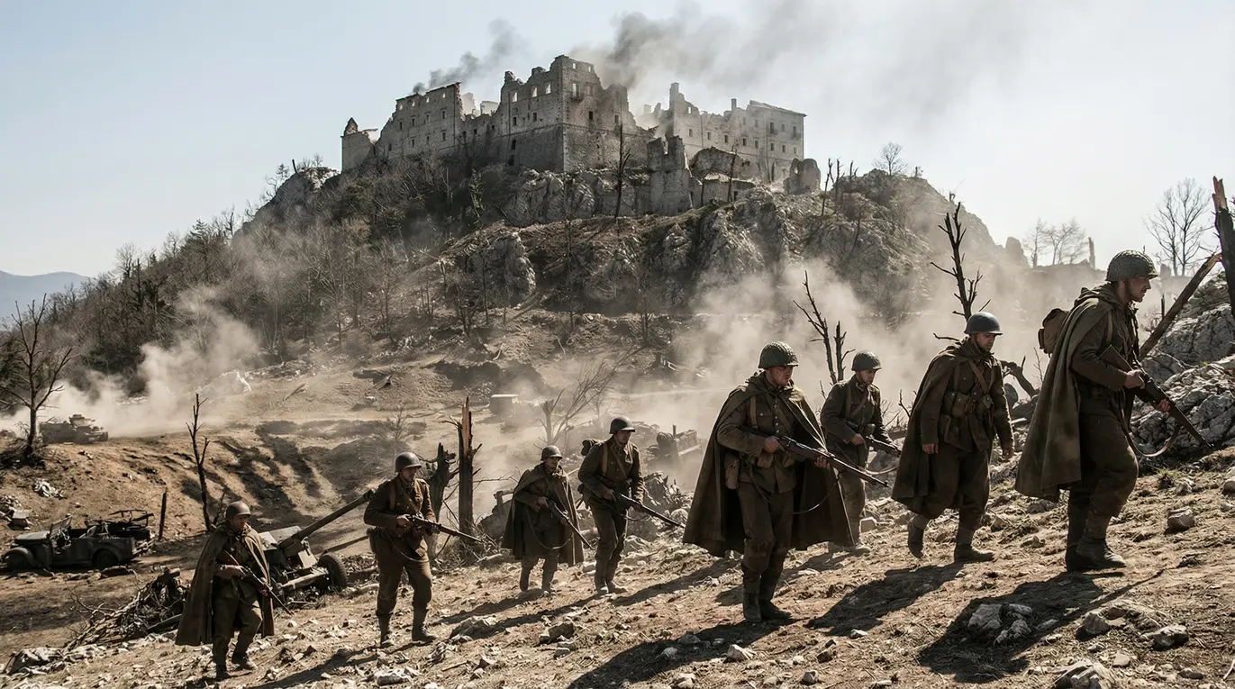 Scena przedstawiająca polskich żołnierzy podczas bitwy o Monte Cassino z widocznym klasztorem.
