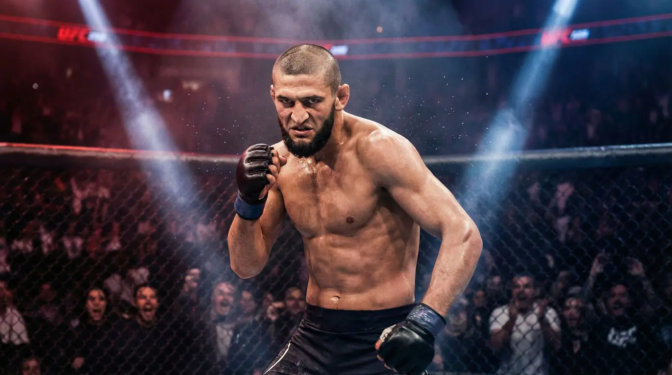 Khamzat Chimaev w oktagonie w trakcie walki, prezentując agresywny styl walki.