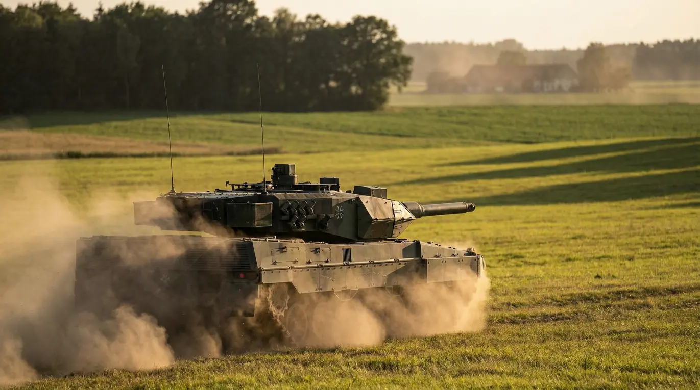 Widok czołgu Leopard 2 w aktywnej operacji bojowej.