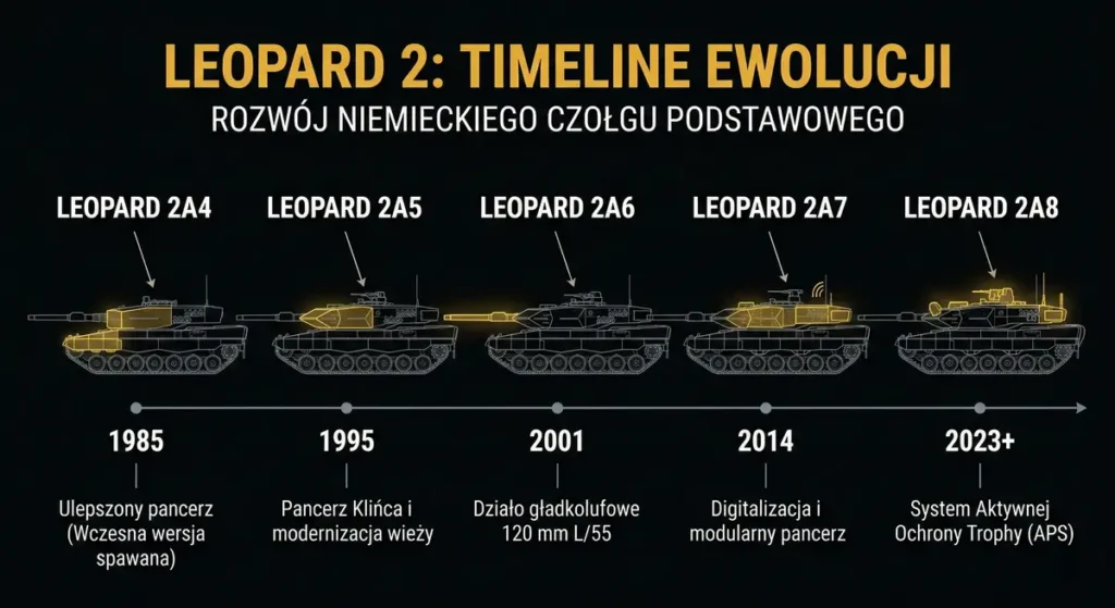 Grafika przedstawiająca oś czasu ewolucji czołgu Leopard 2, od wersji 2A4 do 2A8, wraz z latami wprowadzania zmian i kluczowymi modernizacjami.