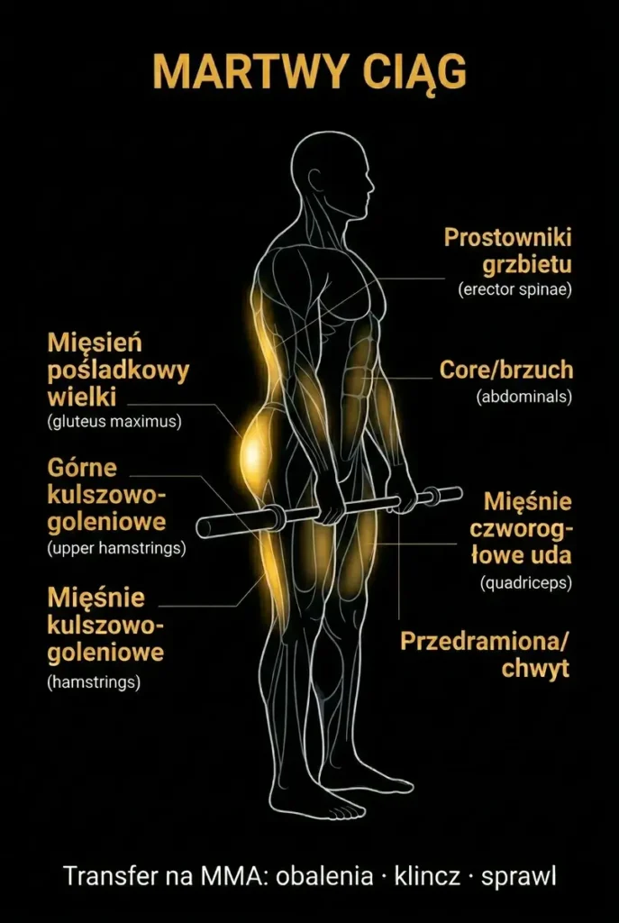 Grafika przedstawiająca zaangażowane partie mięśniowe w martwym ciągu oraz jego zastosowanie w MMA.