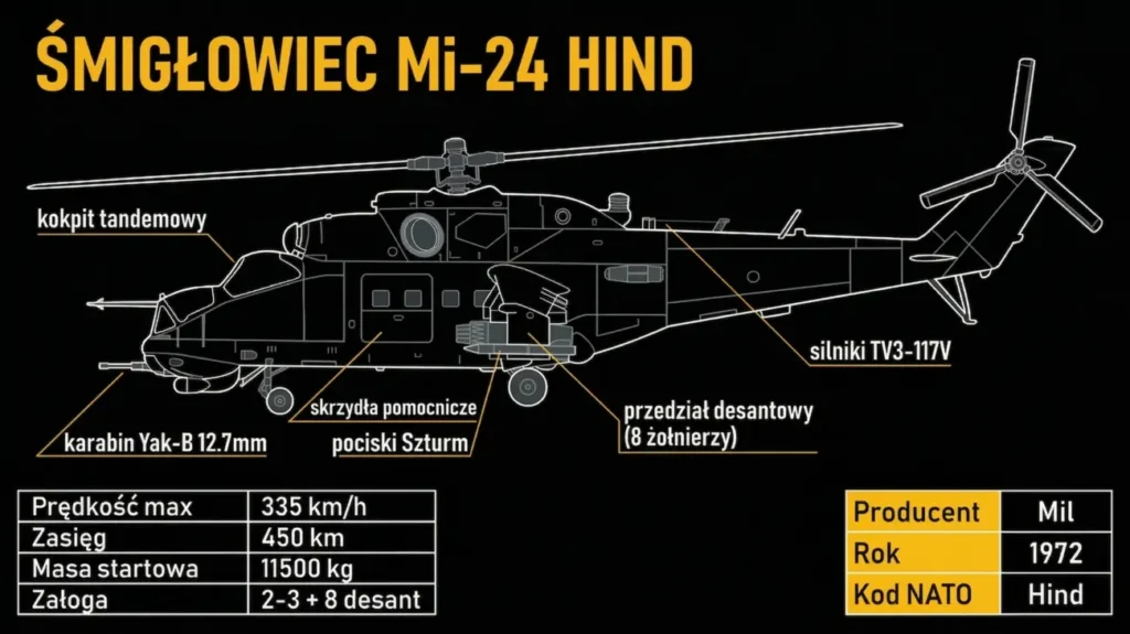 Infografika śmigłowca Mi-24 Hind – profil boczny z parametrami technicznymi