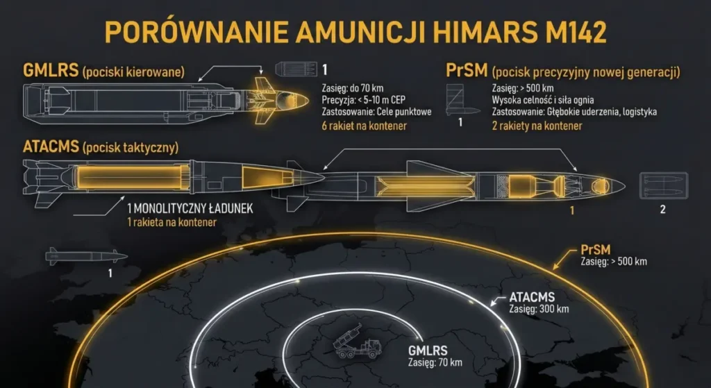 Grafika przedstawiająca porównanie rodzajów amunicji dla systemu HIMARS M142 oraz ich zasięgów.