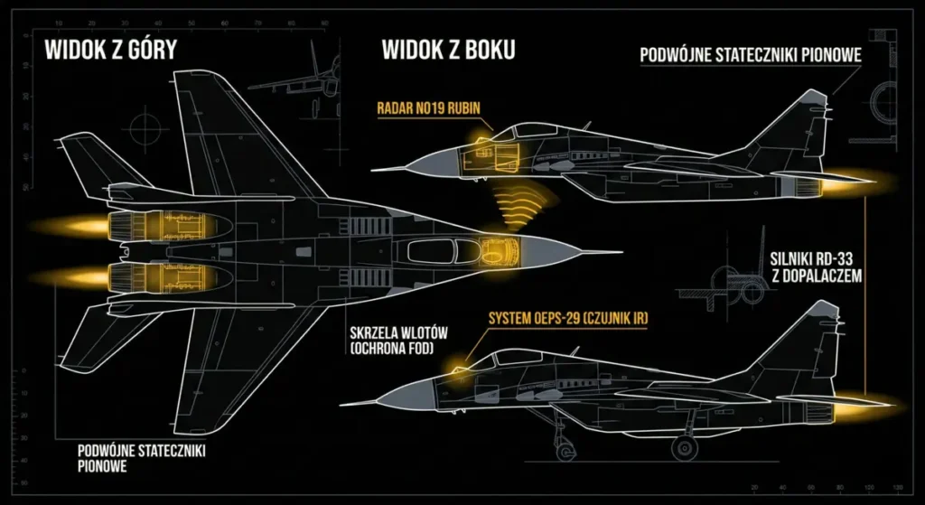 Grafika przedstawiająca schemat techniczny myśliwca w widoku z góry i z boku wraz z opisem jego kluczowych elementów