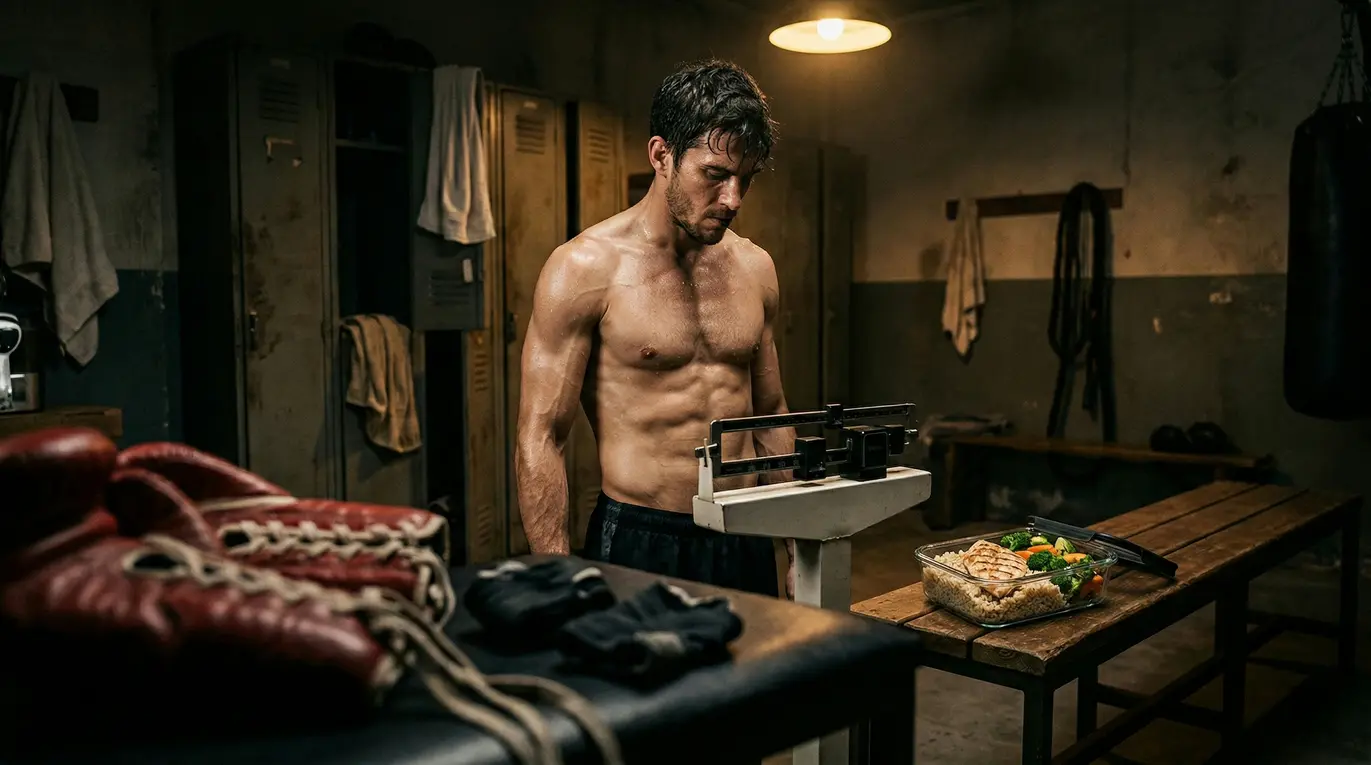 Mężczyzna, stojąc przy wadze, analizuje odczyt w szatni. W pomieszczeniu znajdują się szafki, ławka z jedzeniem i wiszące ręczniki. Kulisy mają surowy, industrialny charakter.