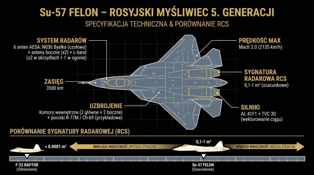 Su-57 Felon – dane techniczne i porównanie z F-22 Raptor