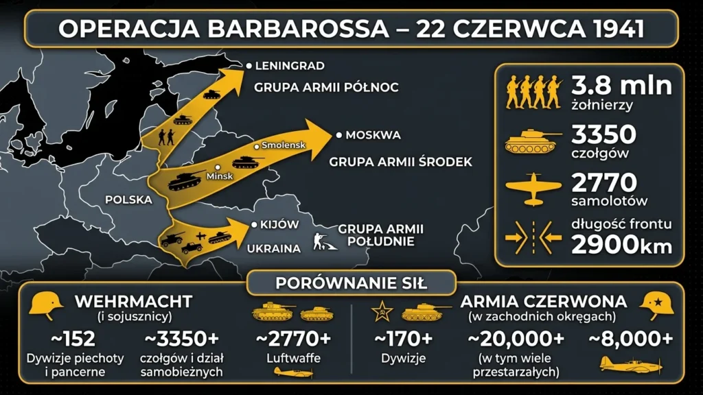 Infografika przedstawiająca operację Barbarossa – mapa trzech grup armii i porównanie sił Wehrmacht vs Armia Czerwona