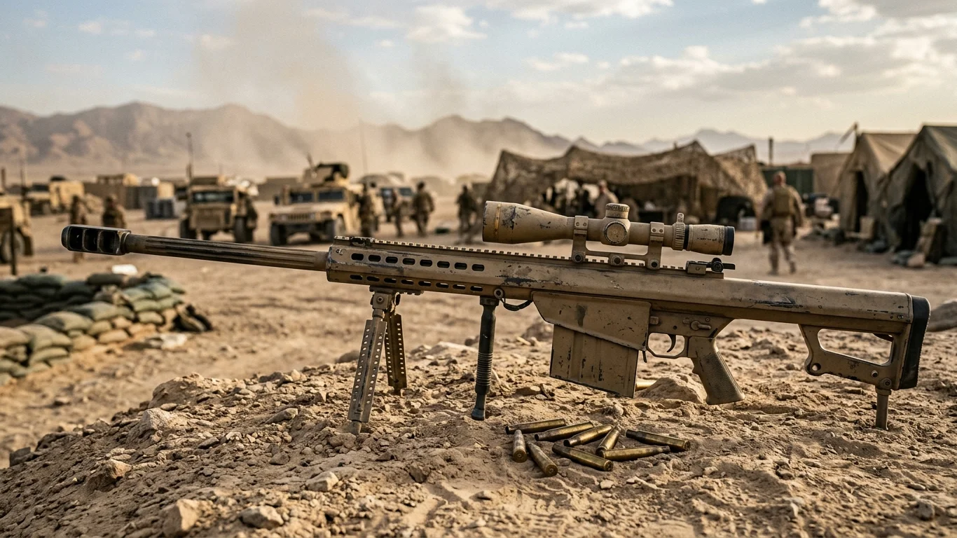 Karabin snajperski spoczywa na pustynnym gruncie, otoczony pustymi łuskami. W tle widać żołnierzy, pojazdy wojskowe i namioty, a także góry i unoszący się pył.