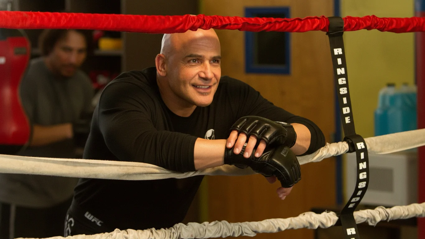 Mężczyzna w rękawiczkach opiera się o liny ringu bokserskiego, uśmiecha się, patrząc przed siebie. W tle znajduje się inna osoba oraz sprzęt sportowy. Widoczny napis „RINGSIDE” na linie.