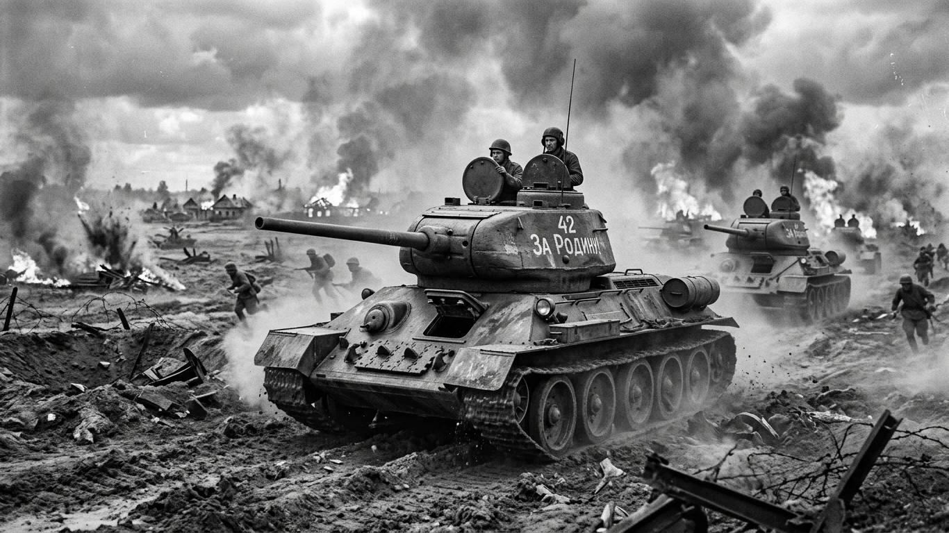 Czołg z napisem "42 ЗА РОДИНУ!" jedzie przez pole bitwy. Żołnierze biegną obok, a w tle płoną zniszczone budynki pod ciemnymi chmurami dymu.