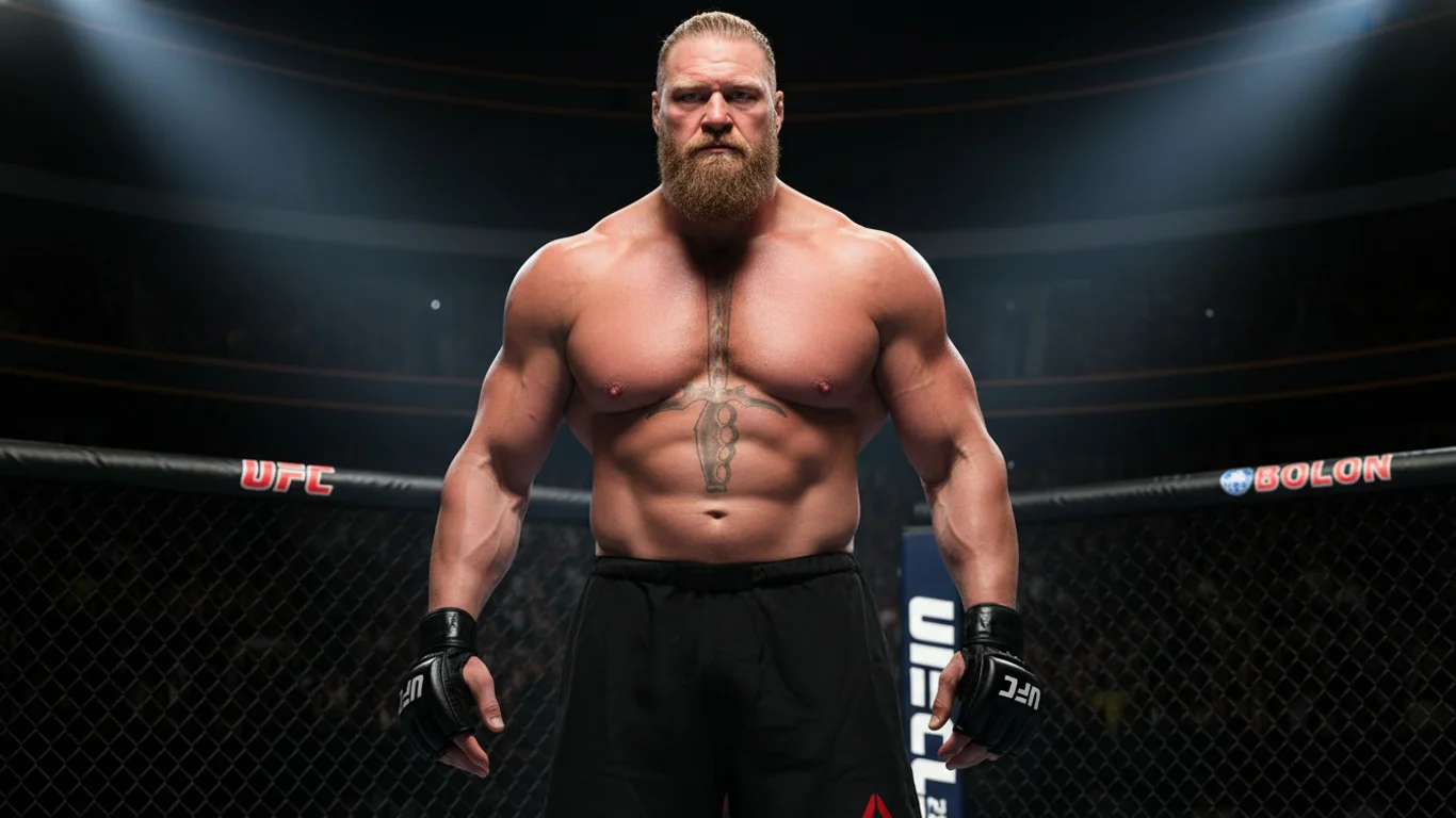 Mężczyzna o muskularnej sylwetce stoi w oktagonie UFC, nosząc rękawice i czarne szorty. W tle ciemna arena z widownią, oświetlona reflektorami.