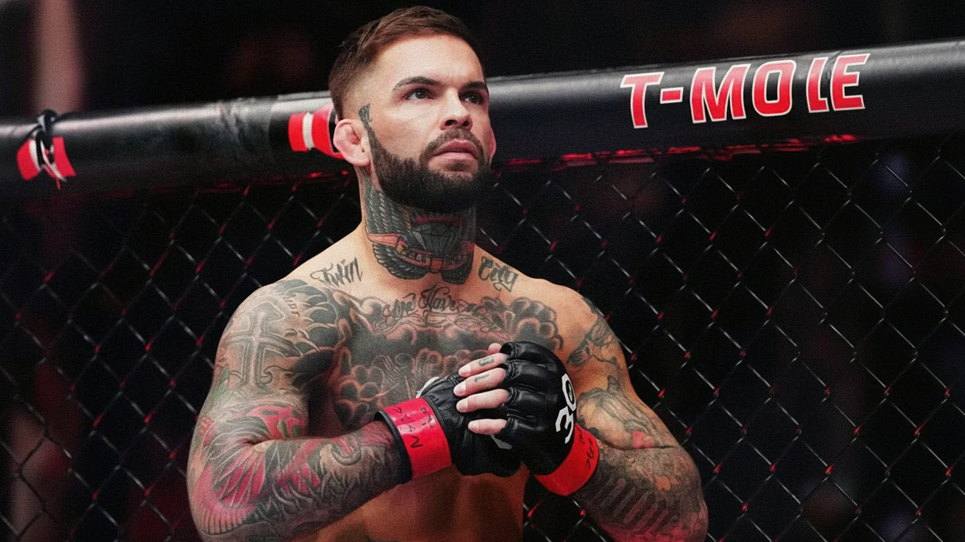 Zawodnik MMA stoi ze złożonymi rękami na klatce, prezentując liczne tatuaże na ramionach i torsie. W tle siatka oktagonu z fragmentem napisu „T-MOBILE”.