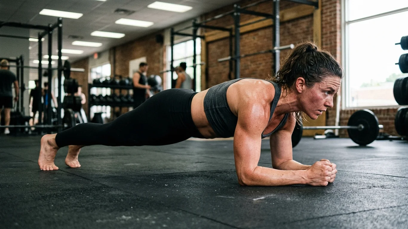 Kobieta w stroju sportowym wykonuje plank w siłowni, skoncentrowana na utrzymaniu pozycji. W tle znajdują się sprzęty treningowe i inni ćwiczący. Pomieszczenie jest dobrze oświetlone naturalnym światłem.