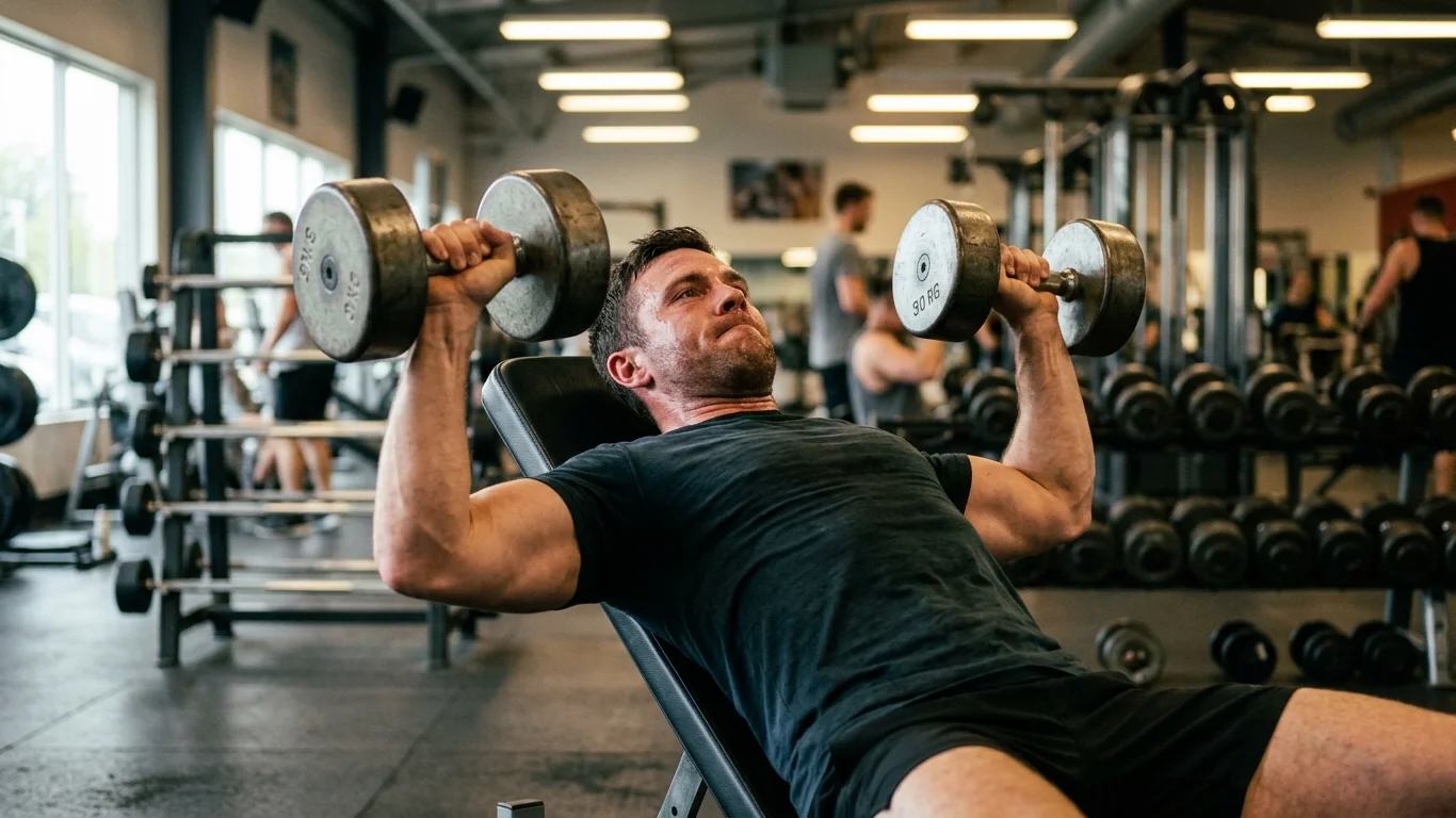Mężczyzna podnosi hantle leżąc na skośnej ławce w siłowni. W tle widać inne osoby ćwiczące oraz sprzęt treningowy.