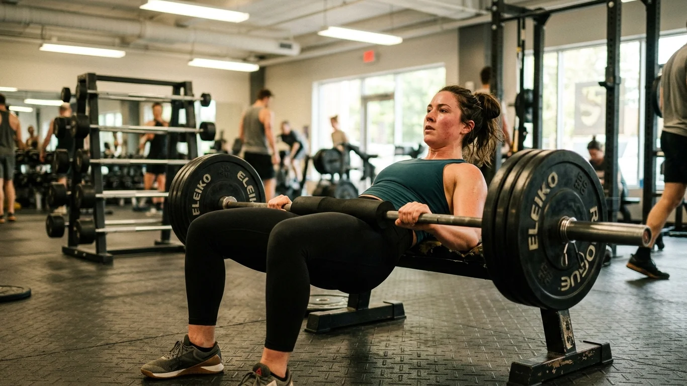 Kobieta podnosi ciężką sztangę podczas ćwiczenia w siłowni. W tle widać innych ludzi trenujących oraz sprzęt do ćwiczeń. Sztanga ma napisy „ELEIKO” i „ROGUE”.