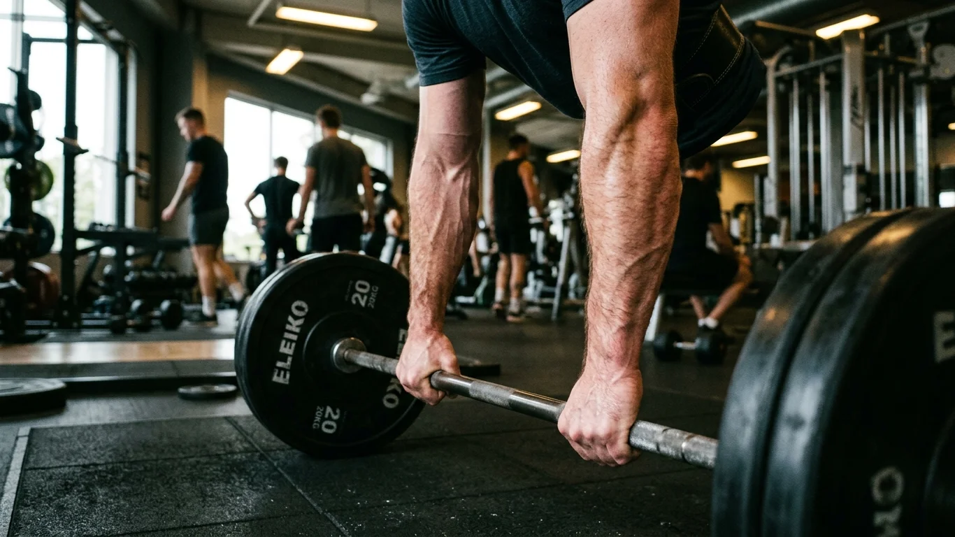 Mężczyzna podnosi sztangę z ciężarkami oznaczonymi napisem "ELEIKO 20 kg" w siłowni pełnej innych ćwiczących osób i sprzętu do ćwiczeń.