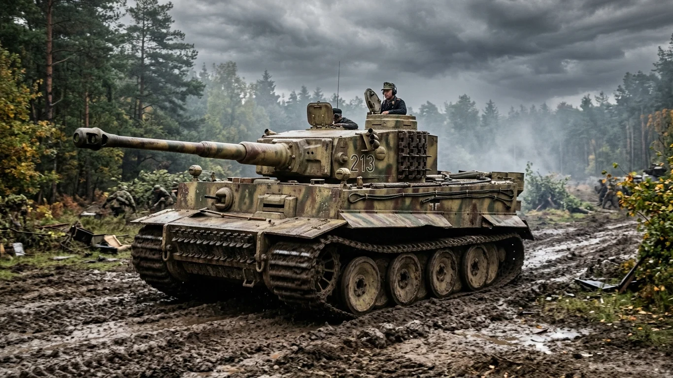 Czołg z numerem "213" jedzie przez błotnisty teren w lesie. Załoga widoczna w wieżyczce pośród gęstych drzew i dramatycznego, zachmurzonego nieba.