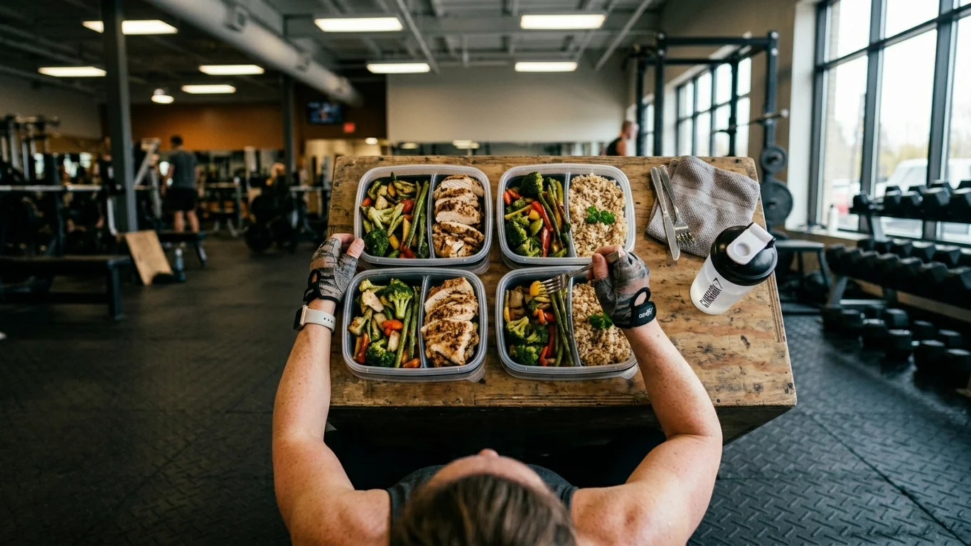 Osoba trzyma cztery pojemniki z posiłkami zawierającymi kurczaka, warzywa i ryż. Siedzi przy drewnianym stole na siłowni. Obok stoi bidon.