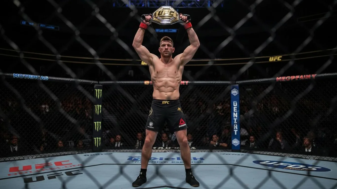 Mężczyzna podnosi złoty pas mistrzowski nad głową w klatce UFC, otoczony publicznością i oświetlony reflektorami. Na macie widnieje logo UFC.