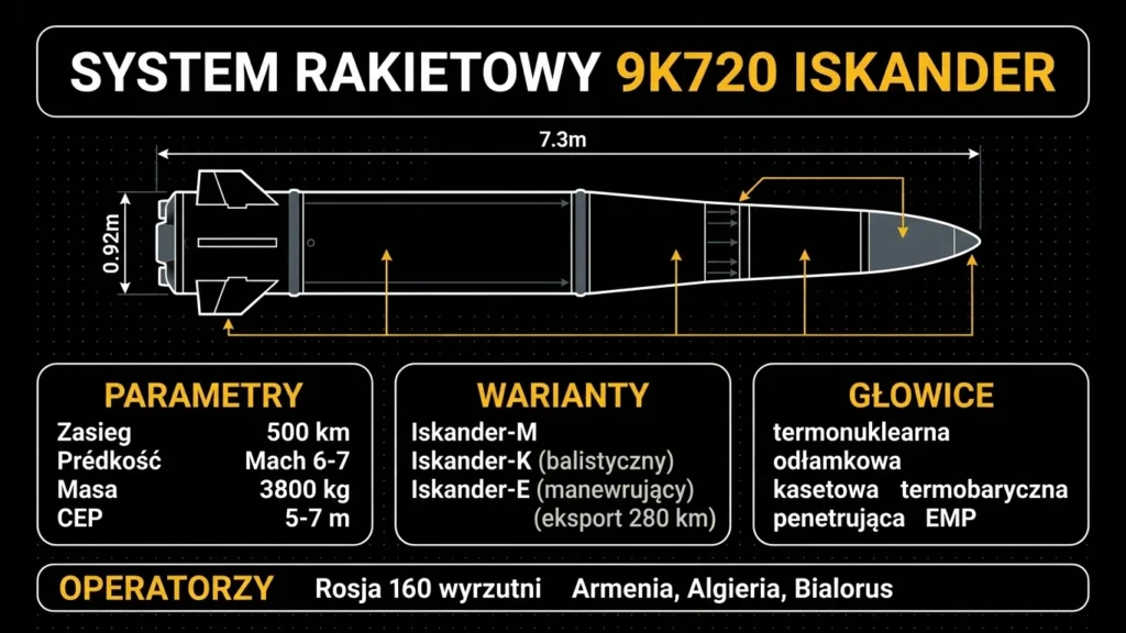 Infografika systemu rakietowego 9K720 Iskander – parametry techniczne, warianty i głowice bojowe
