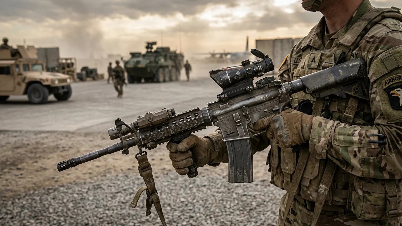 Żołnierz trzyma karabin, stojąc na żwirowym placu. W tle widoczne są pojazdy wojskowe i inni żołnierze na tle pochmurnego nieba. Na ramieniu emblemat z napisem "AIRBORNE".