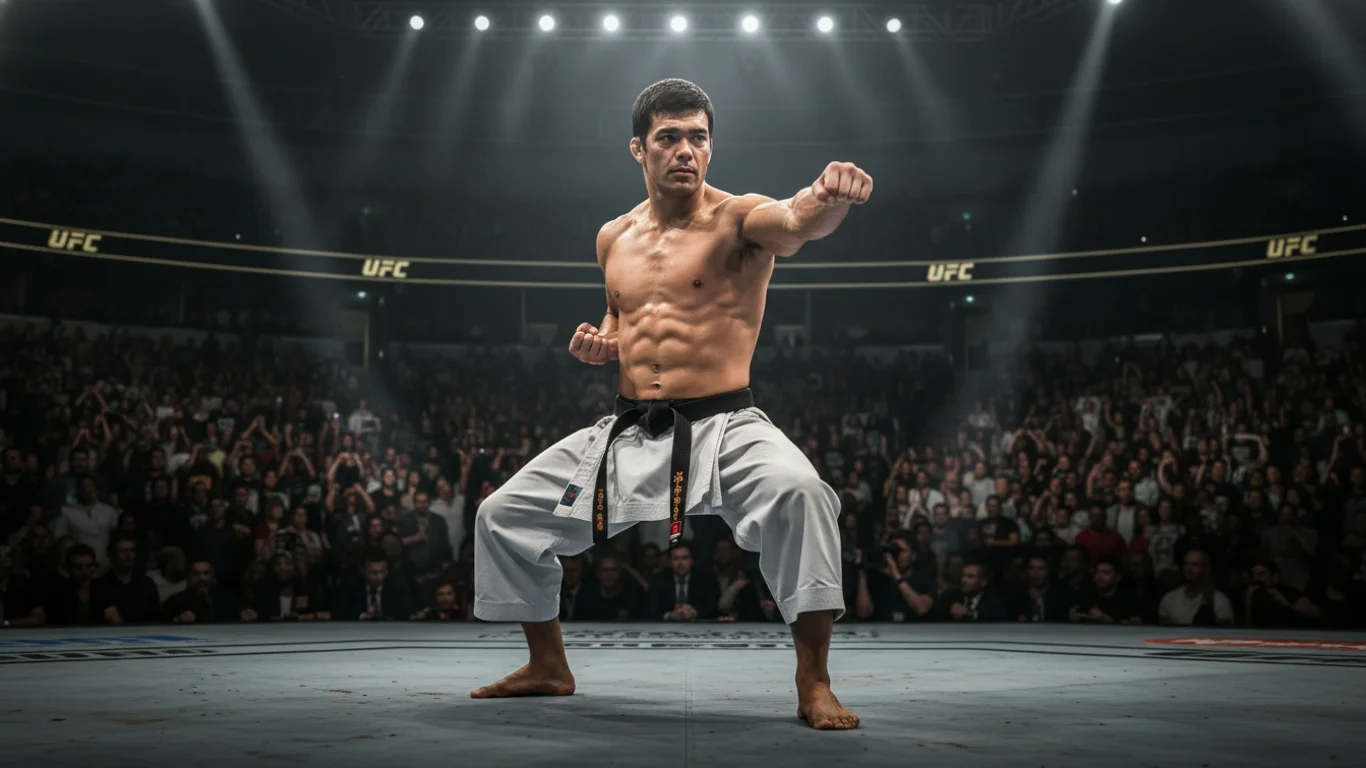 Zawodnik w kimonie przyjmuje pozycję bojową na środku ringu. W tle publiczność zgromadzona w arenie, nad sceną widoczne logo "UFC".
