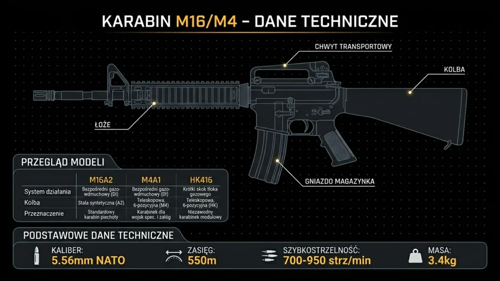 Infografika przedstawiająca dane techniczne karabinu M16/M4 – porównanie wariantów M16A2, M4A1 i HK416