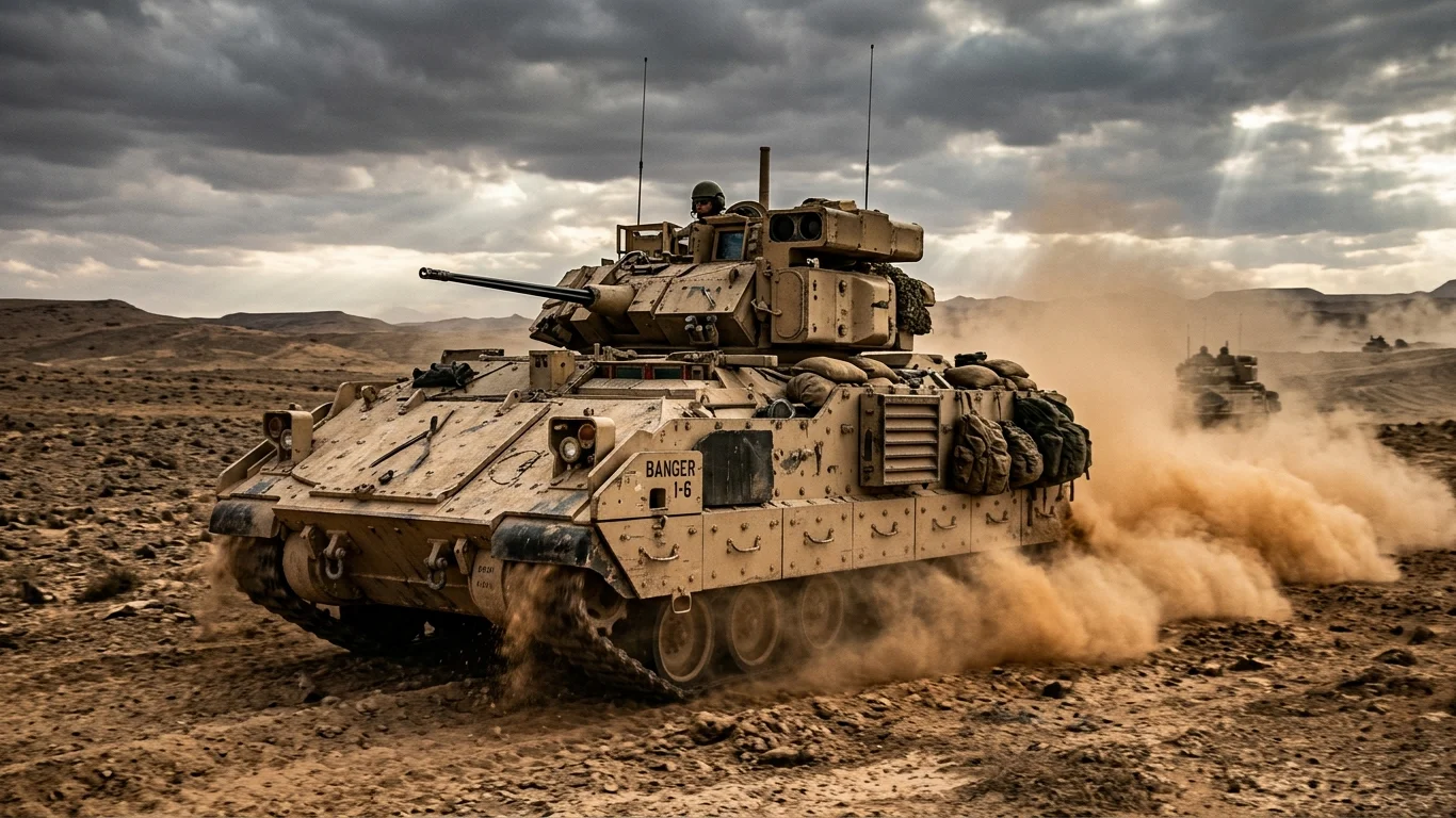 Czołg jedzie przez pustynny teren, wzbijając kurz. Na pojeździe widoczny napis: BANGER I-6. W tle pochmurne niebo nadaje dramatyczny nastrój.